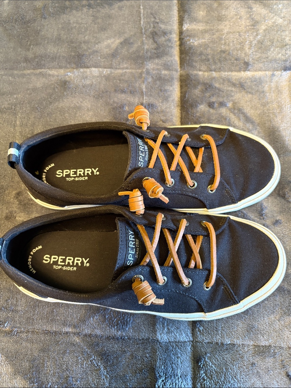 Sperry Black Canvas Boat Shoes with Brown Laces